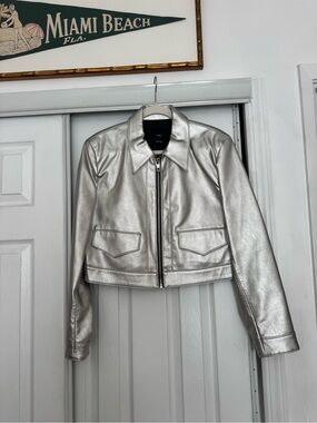 Metallic Silver Cropped Zip Jacket - Women